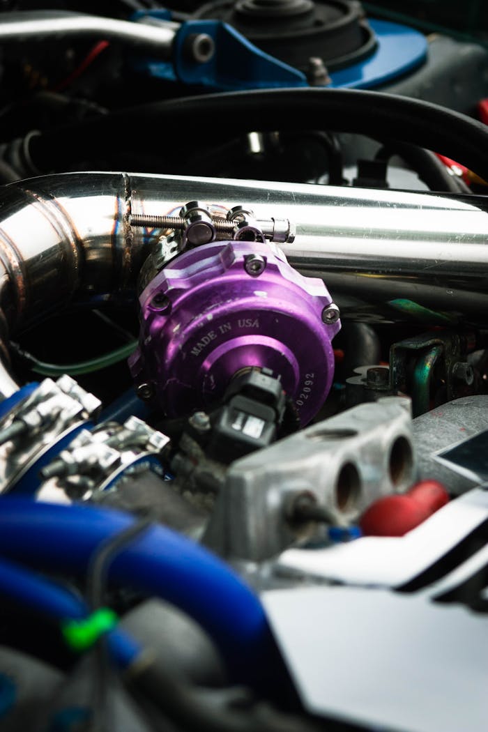 Detailed view of engine parts, highlighting a vibrant purple component in focus.